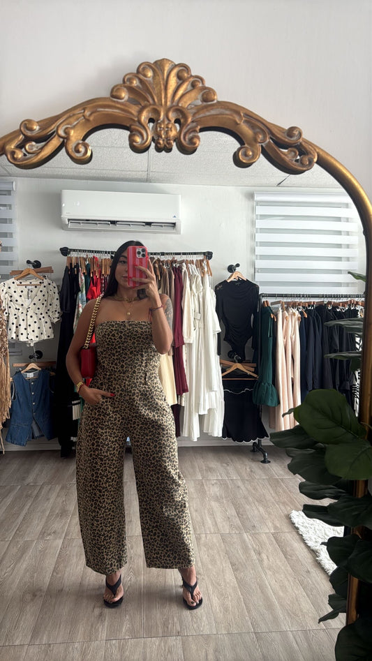Leopard Barrel Denim Jumpsuit