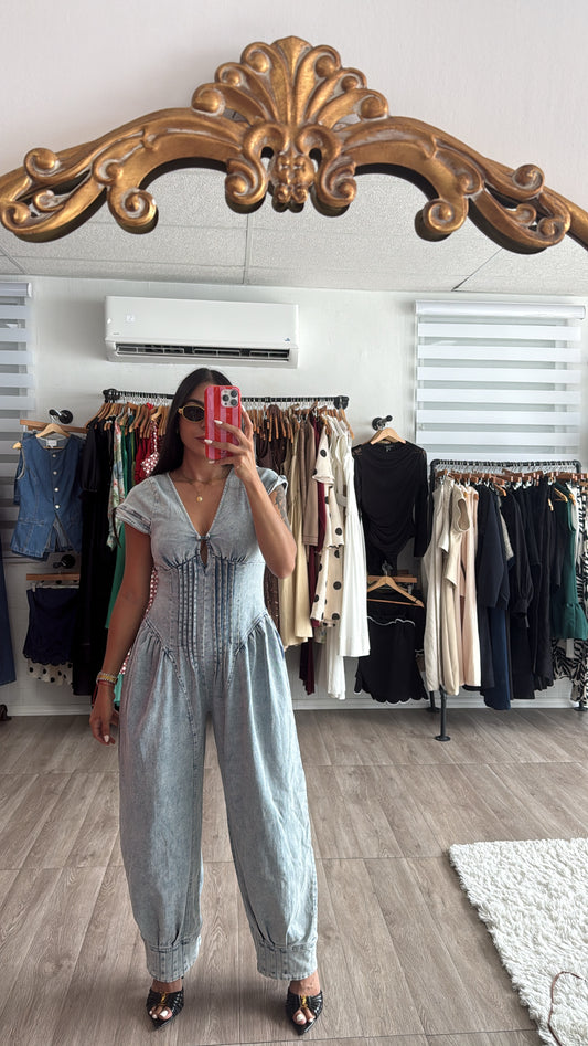 Denim Wash Barrel Jumpsuit