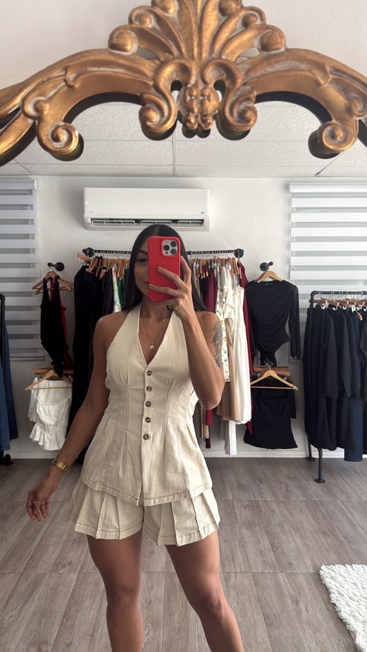 Cream pleated set