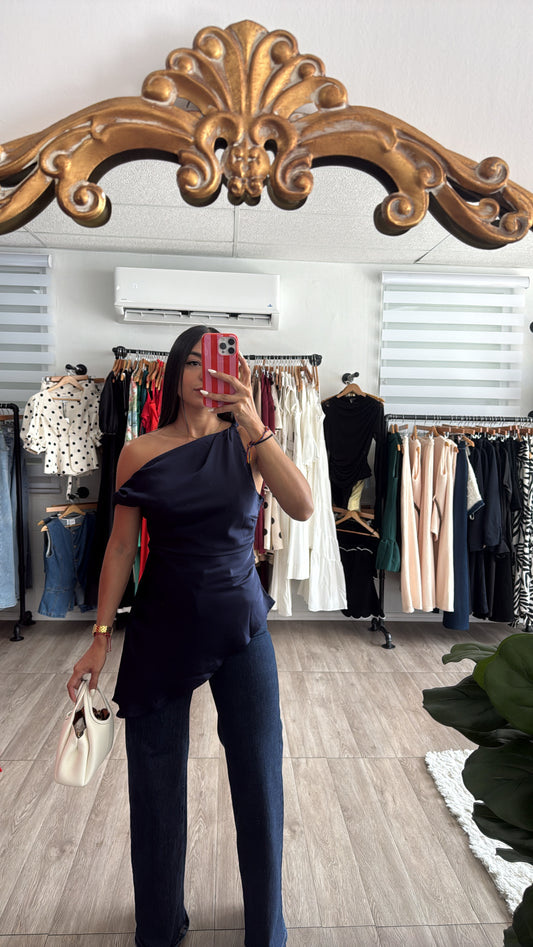 Navy Satin Assymetric Blouse