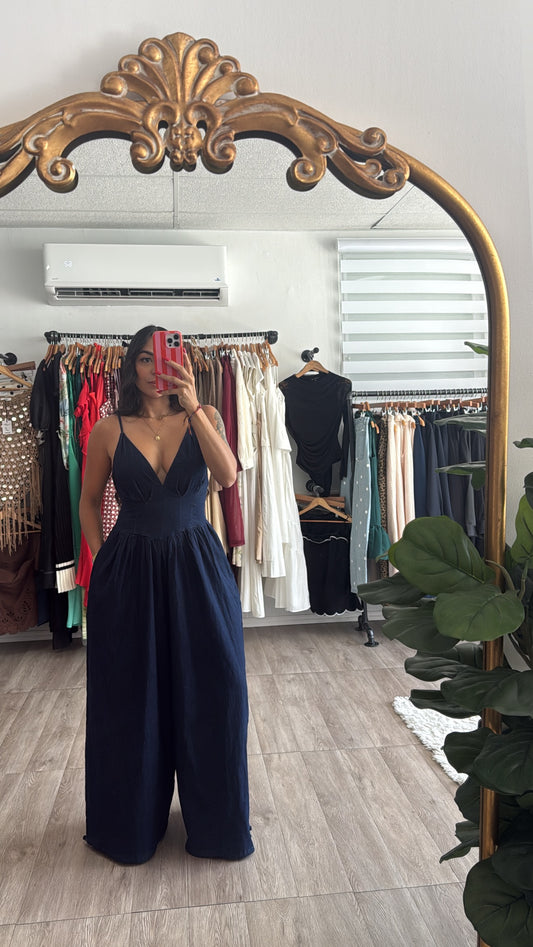 Denim corset Jumpsuit (pre-order) costó $68
