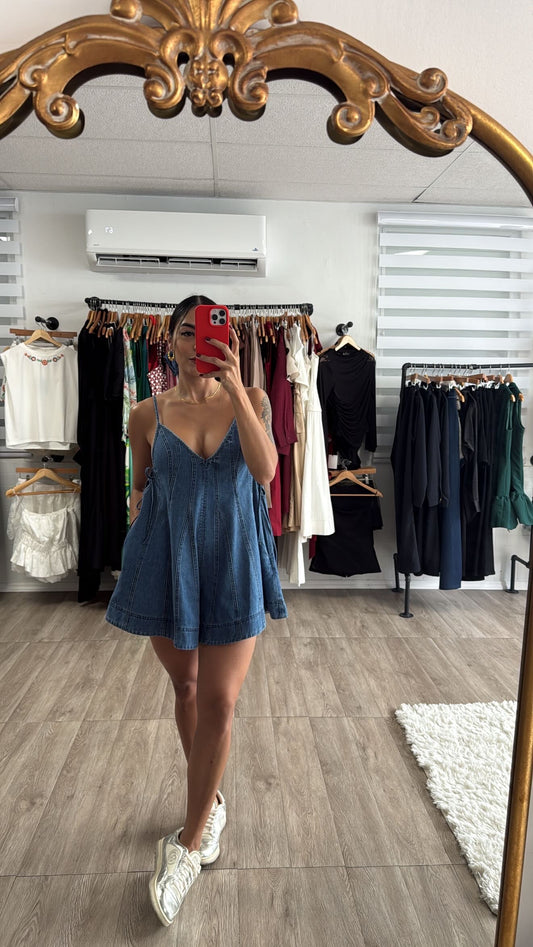 Denim strap romper
