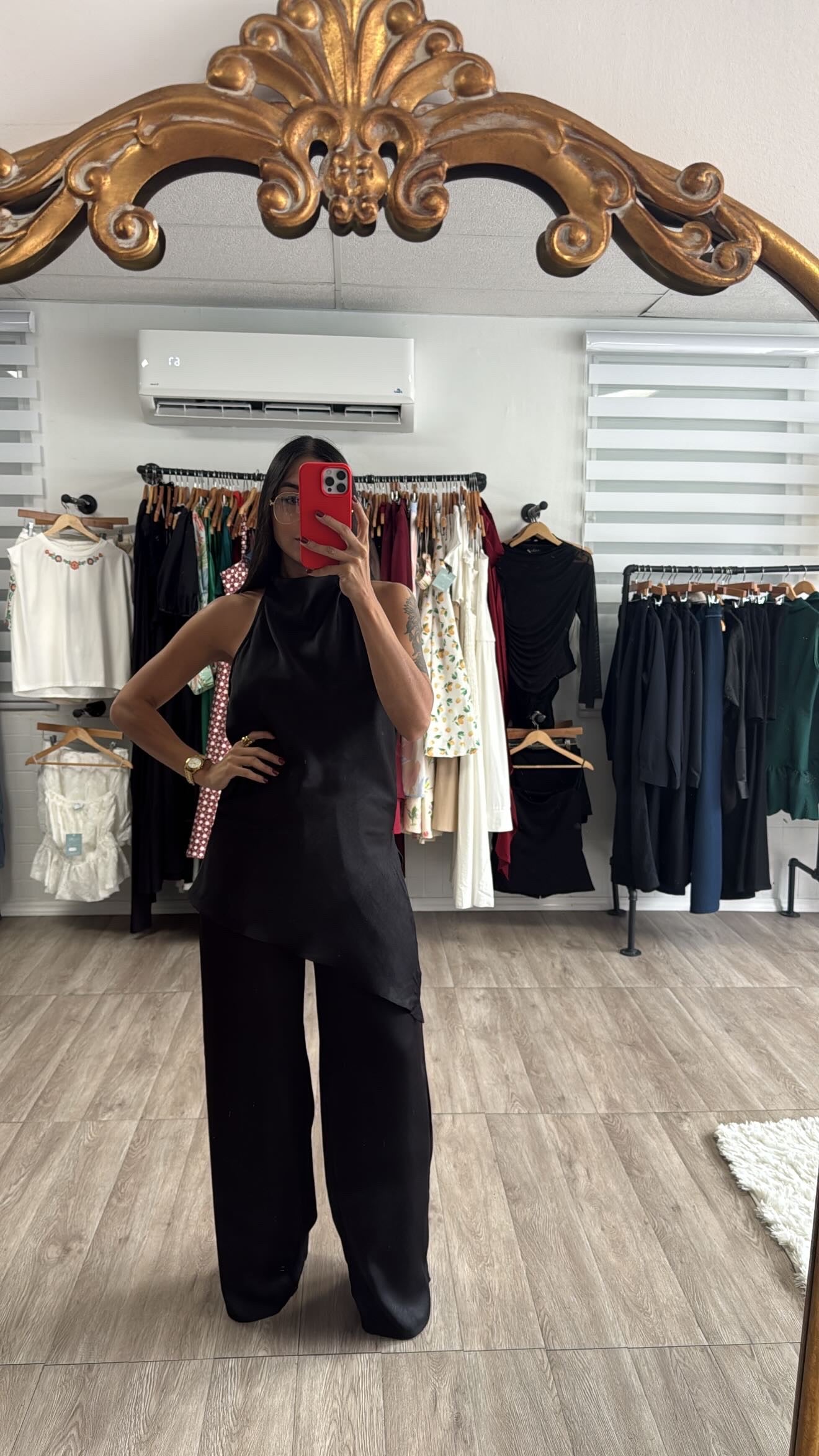 Black Satin set with scarf