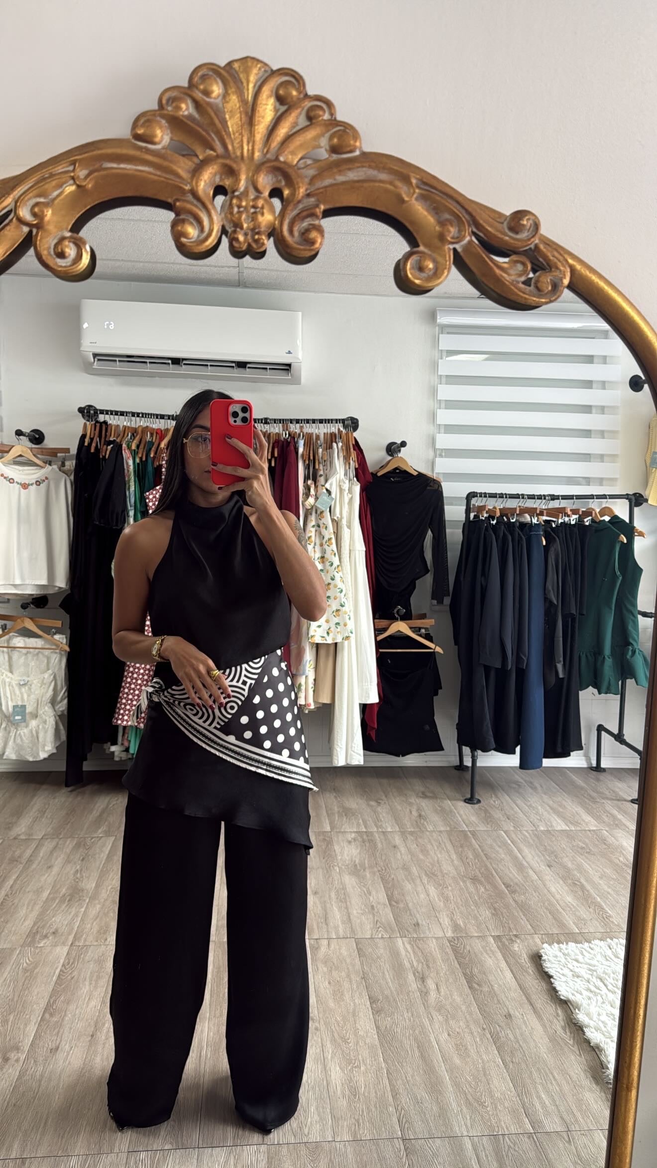 Black Satin set with scarf