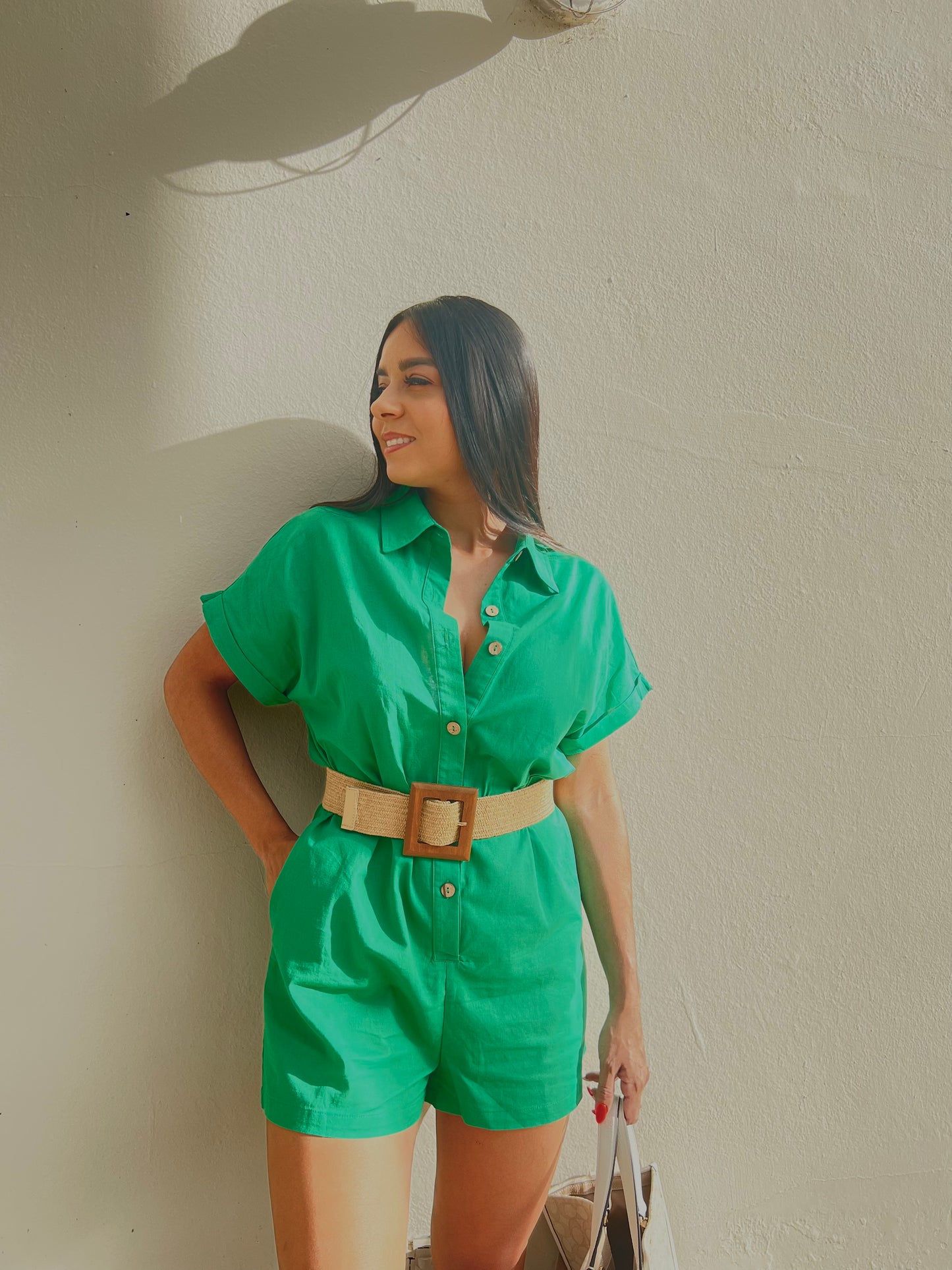 Green Linen Romper